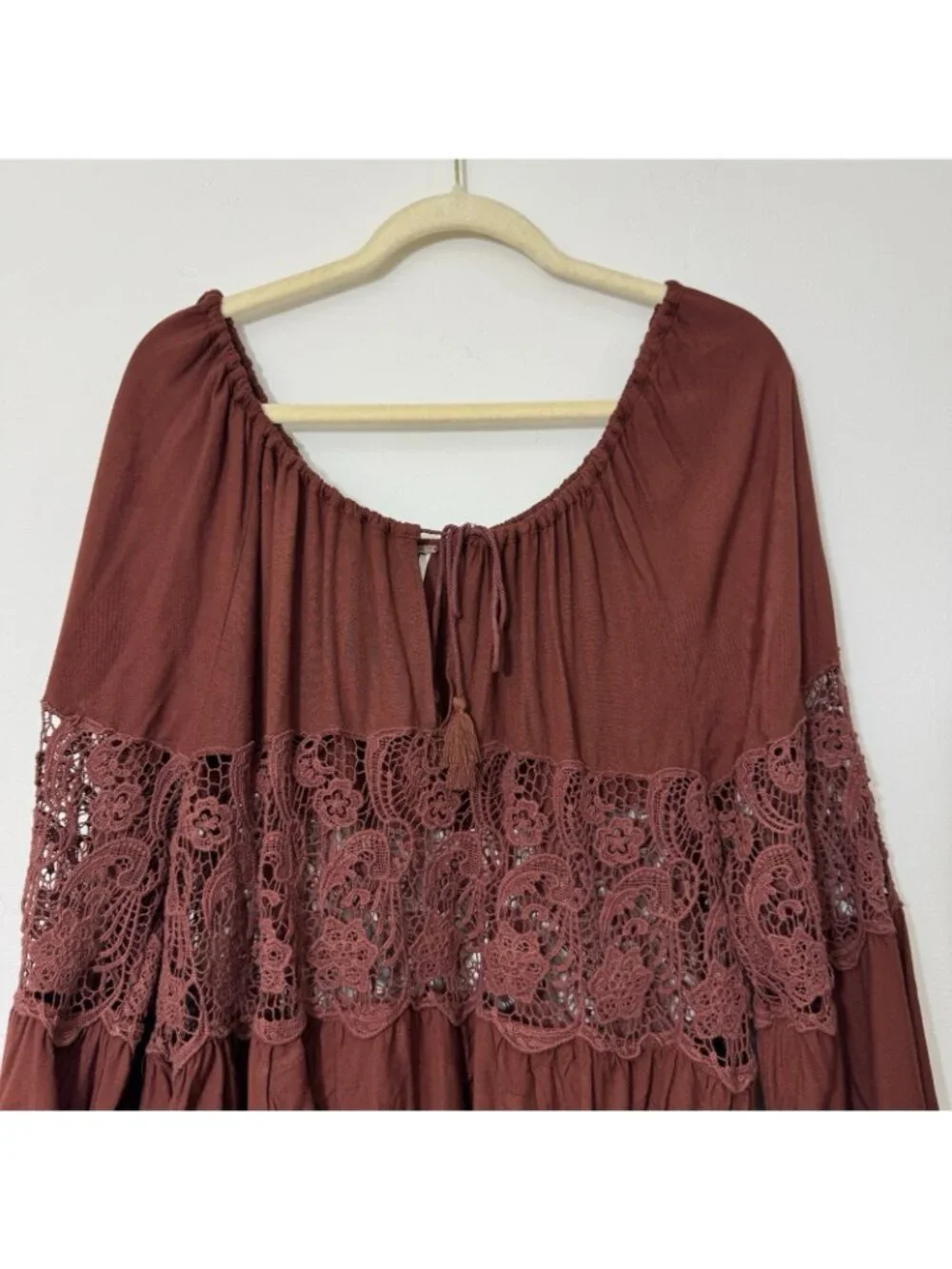 Free People Women’s Oversized Peasant Top Size S Crochet Details Long Sleeves